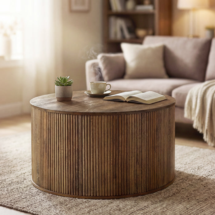 31.5" Round Coffee Table with Fluted Drum Base