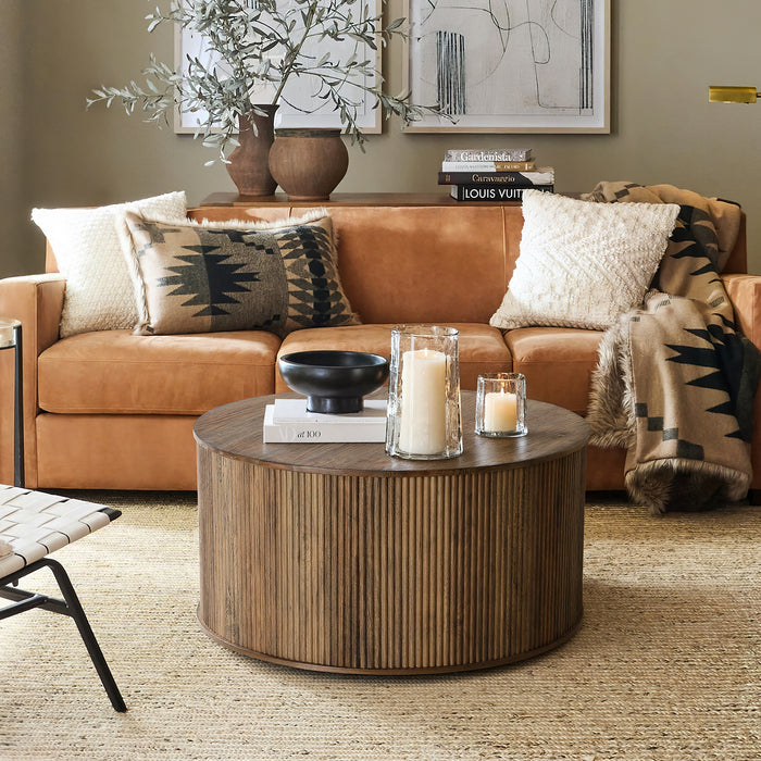 31.5" Round Coffee Table with Fluted Drum Base