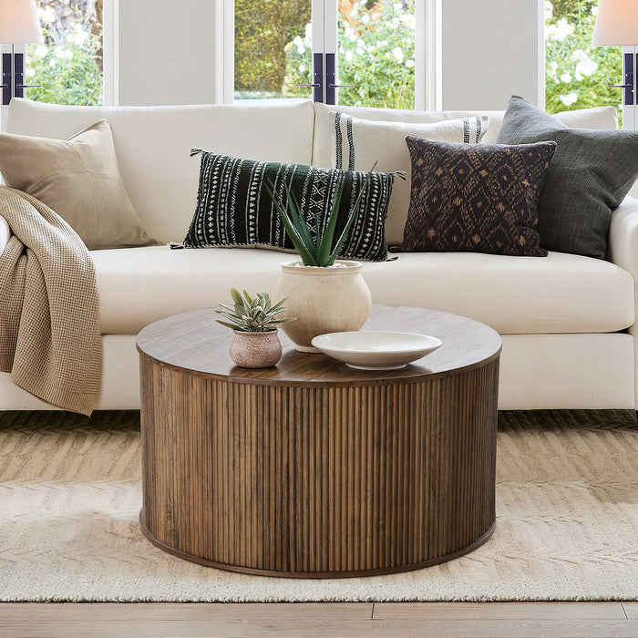 31.5" Round Coffee Table with Fluted Drum Base