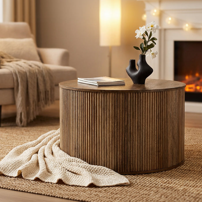 31.5" Round Coffee Table with Fluted Drum Base