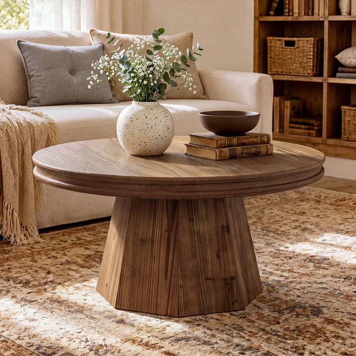 31.5" Solid Wood Round Coffee Table, Farmhouse Center Table With Tapered Pedestal