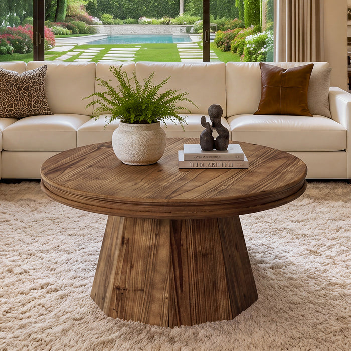 31.5" Solid Wood Round Coffee Table, Farmhouse Center Table With Tapered Pedestal