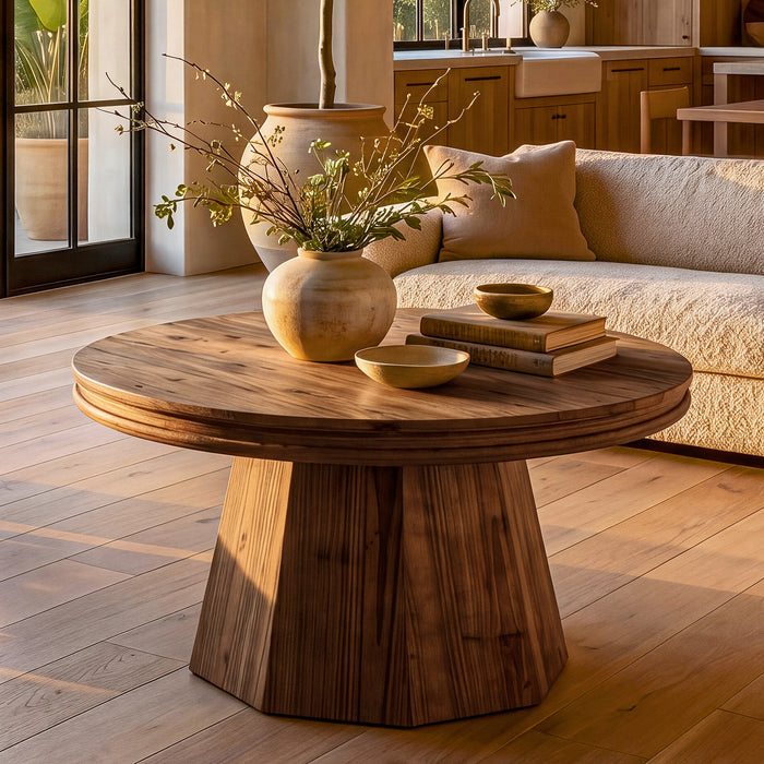 31.5" Solid Wood Round Coffee Table, Farmhouse Center Table With Tapered Pedestal