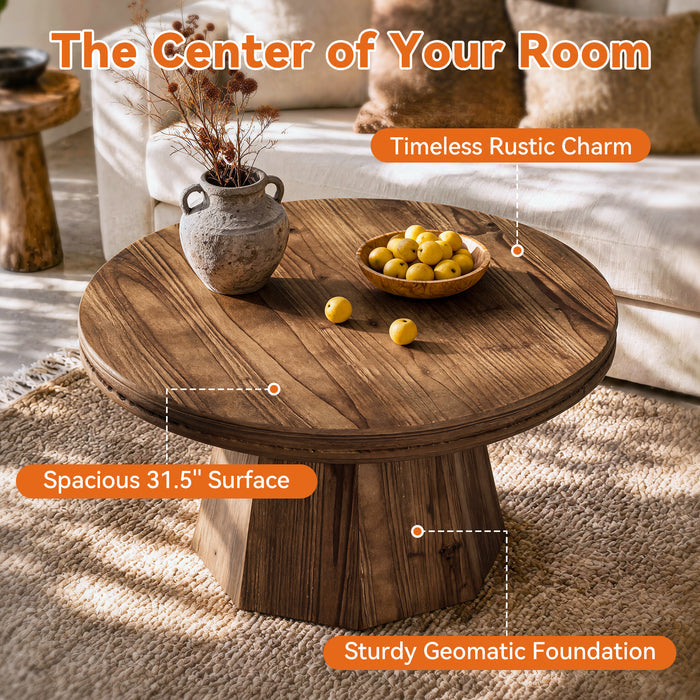 31.5" Solid Wood Round Coffee Table, Farmhouse Center Table With Tapered Pedestal