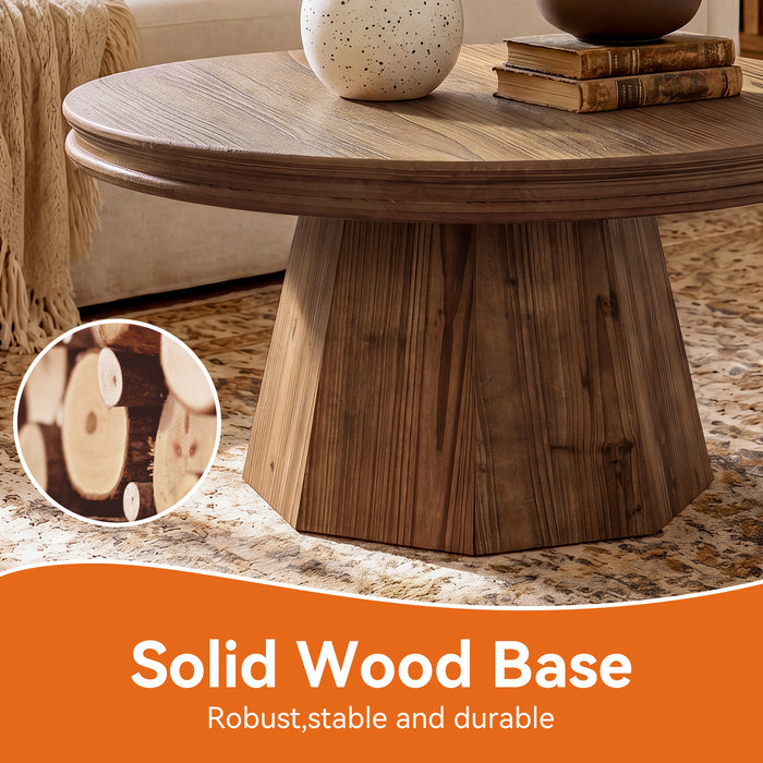 31.5" Solid Wood Round Coffee Table, Farmhouse Center Table With Tapered Pedestal