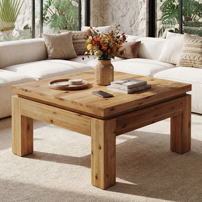 31.5" Square Solid Wood Coffee Table with Chunky Square Legs