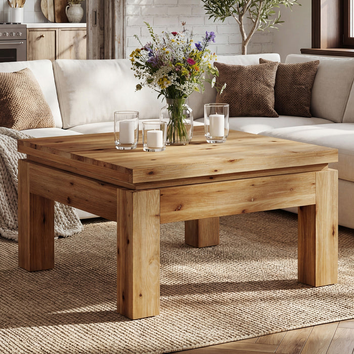 31.5" Square Solid Wood Coffee Table with Chunky Square Legs