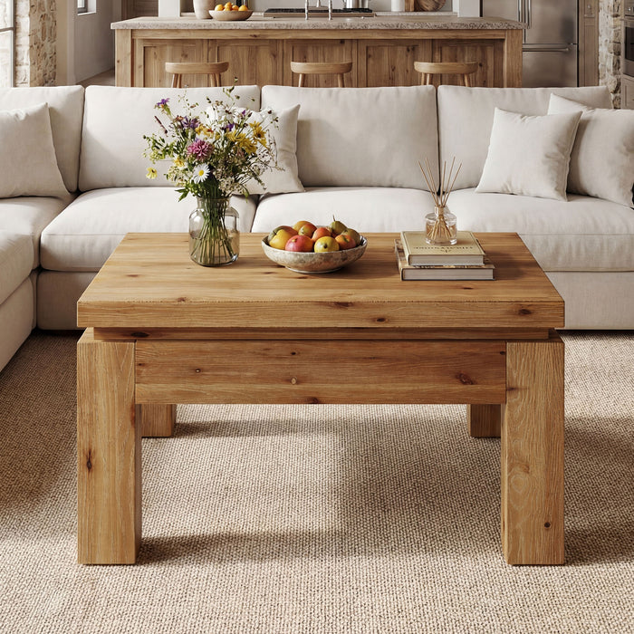 31.5" Square Solid Wood Coffee Table with Chunky Square Legs