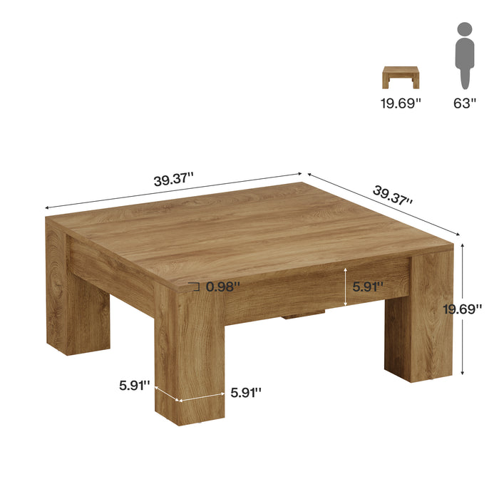 Wooden coffee table with dimensions labeled on a white background