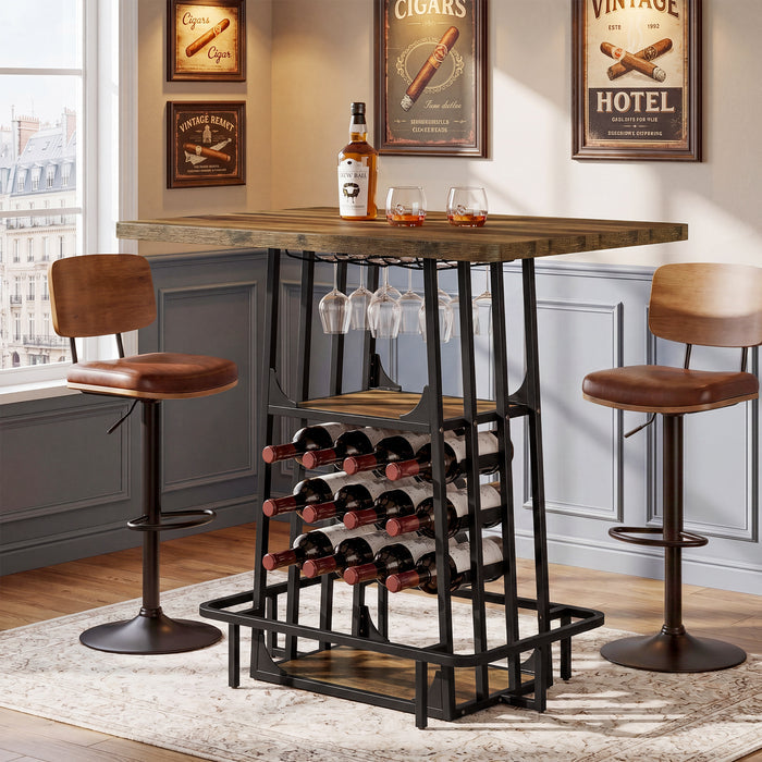 39.4" Bar Table with Storage, 3-Tier Counter Height Pub Table with Glass Holder & Wine Rack