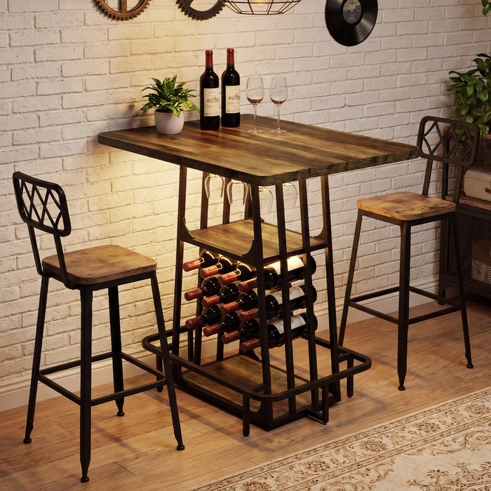 39.4" Bar Table with Storage, 3-Tier Counter Height Pub Table with Glass Holder & Wine Rack