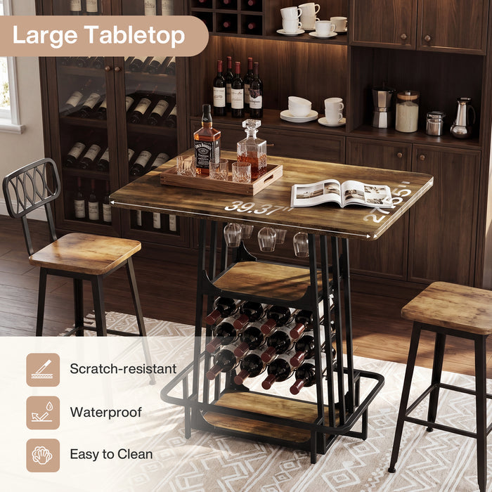 39.4" Bar Table with Storage, 3-Tier Counter Height Pub Table with Glass Holder & Wine Rack