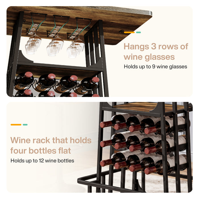 39.4" Bar Table with Storage, 3-Tier Counter Height Pub Table with Glass Holder & Wine Rack