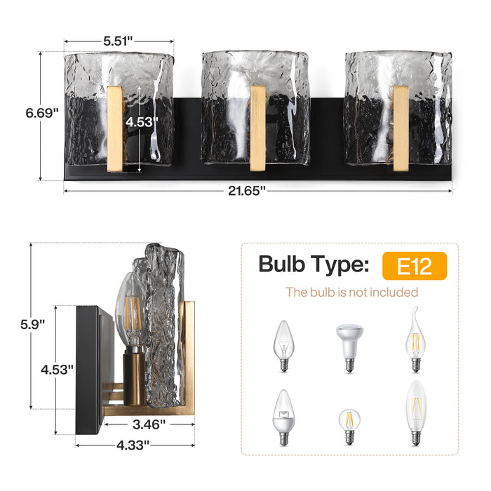 3‑Light Bathroom Light Fixtures, Modern Vanity Light with Smoky Gray Water Ripple Glass