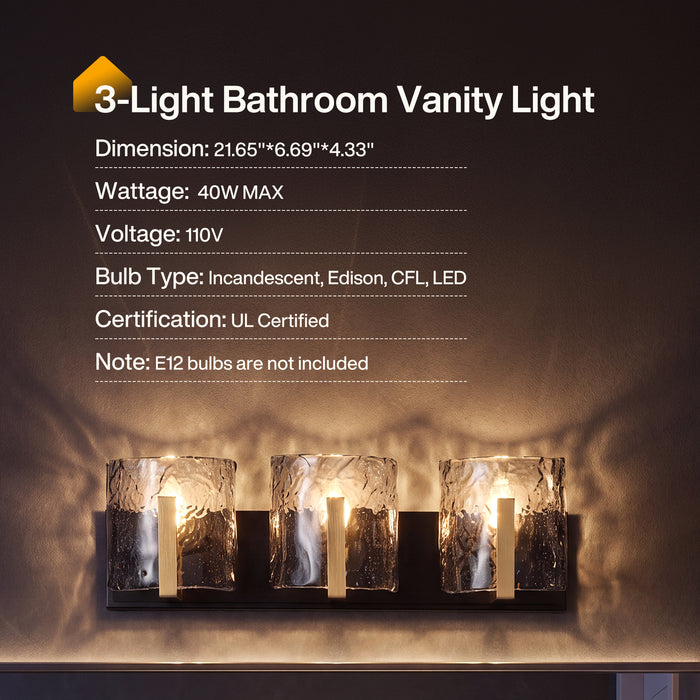 3‑Light Bathroom Light Fixtures, Modern Vanity Light with Smoky Gray Water Ripple Glass