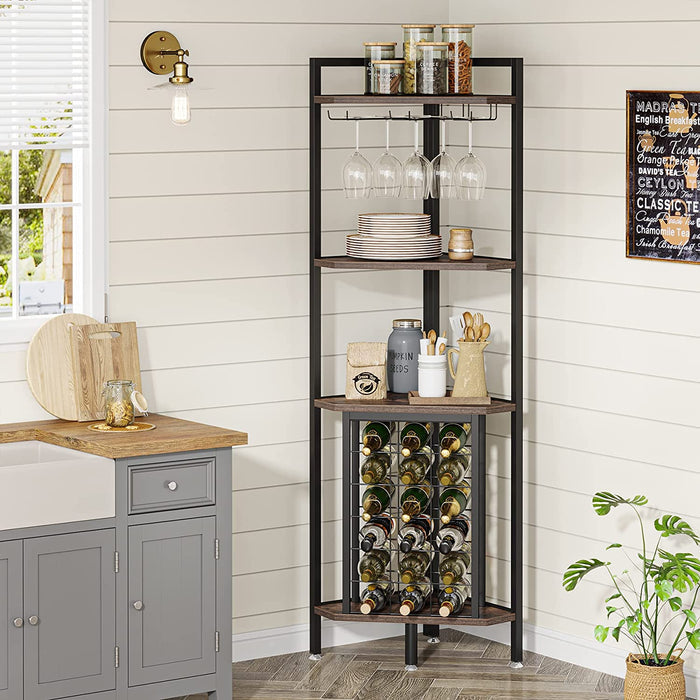 Wine Rack, 4 Tier Corner Shelf with Glass Holder Tribesigns