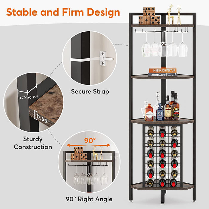Wine Rack, 4 Tier Corner Shelf with Glass Holder Tribesigns