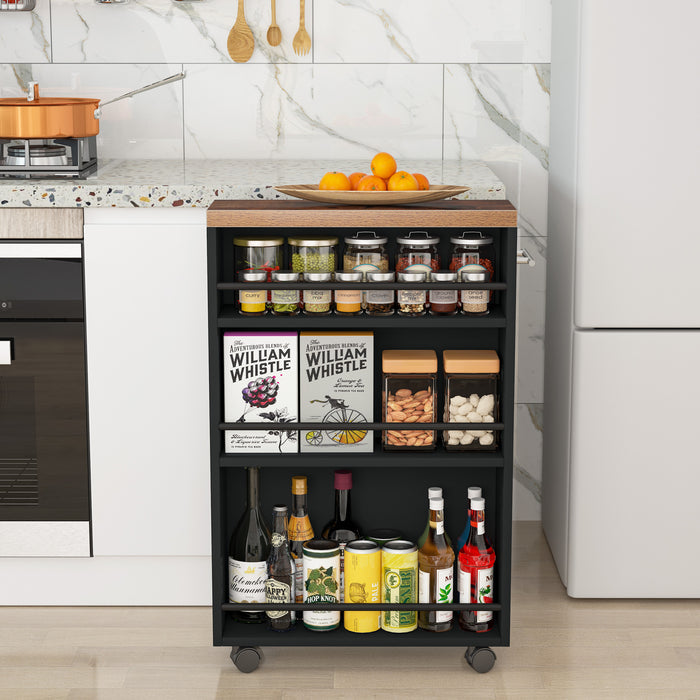 Slim rolling kitchen cart beside cabinet for narrow space storage