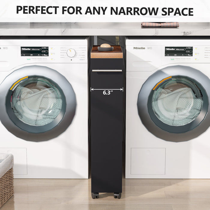 Narrow storage cart between washer and dryer