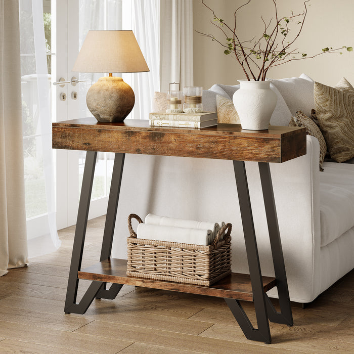 41“ Industrial Console Table with Geometric Metal Frame, 2-Tier Rustic Entryway Sofa Table