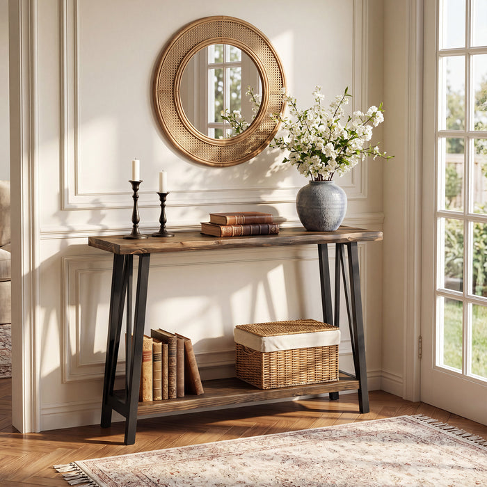 41.3" Live-Edge Solid Wood Console Table, 2-Tier Entryway Table with Metal Frame