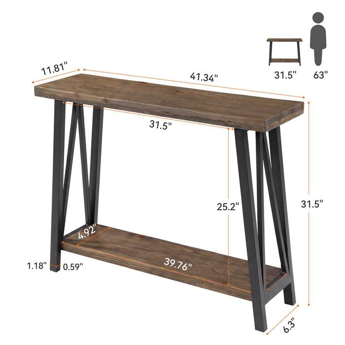 41.3" Live-Edge Solid Wood Console Table, 2-Tier Entryway Table with Metal Frame