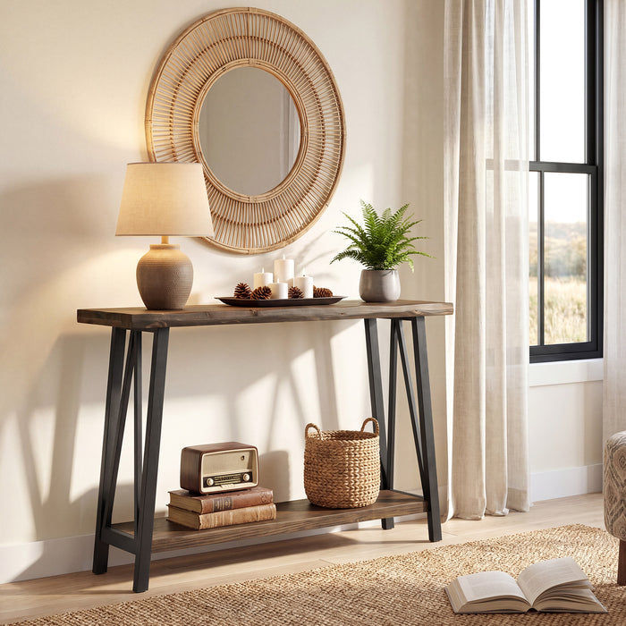 41.3" Live-Edge Solid Wood Console Table, 2-Tier Entryway Table with Metal Frame