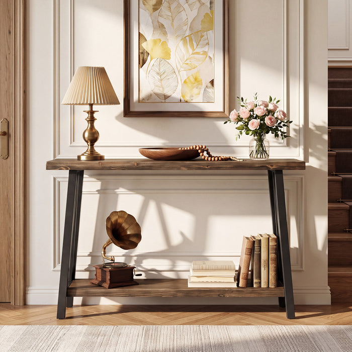 41.3" Live-Edge Solid Wood Console Table, 2-Tier Entryway Table with Metal Frame