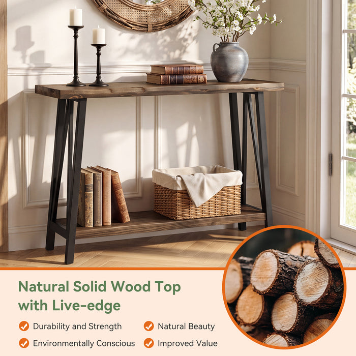 41.3" Live-Edge Solid Wood Console Table, 2-Tier Entryway Table with Metal Frame