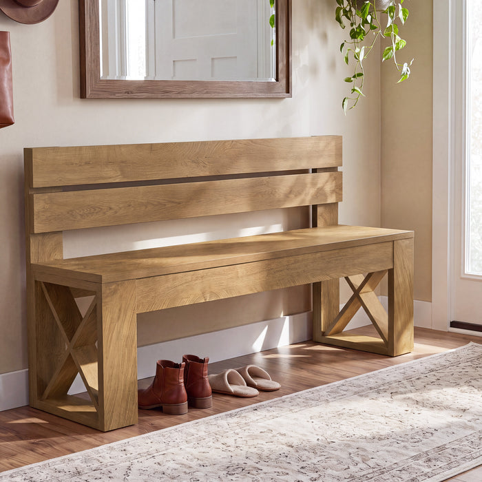 47" Entryway Bench with Back, Farmhouse Shoe Bench with X-Brace, Bedroom & Hallway