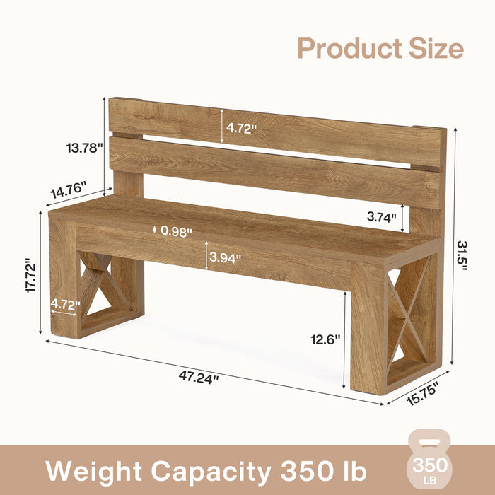 47" Entryway Bench with Back, Farmhouse Shoe Bench with X-Brace, Bedroom & Hallway