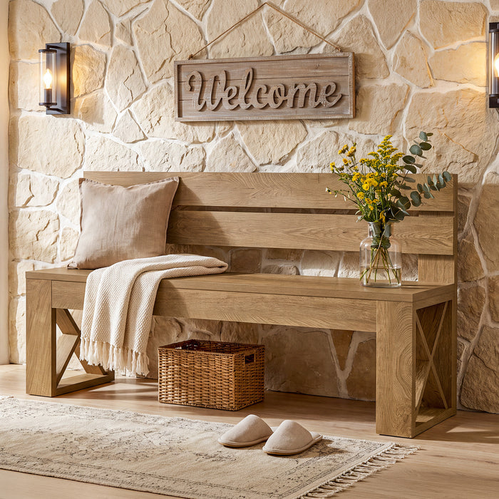 47" Entryway Bench with Back, Farmhouse Shoe Bench with X-Brace, Bedroom & Hallway