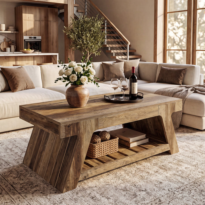 47" Farmhouse Coffee Table with Slatted Storage Shelf