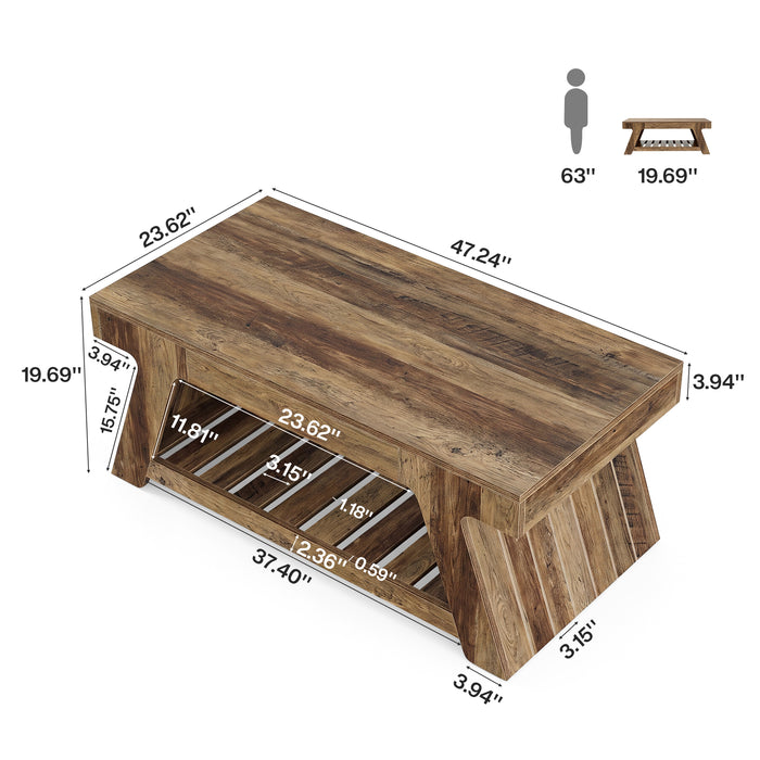 47" Farmhouse Coffee Table with Slatted Storage Shelf
