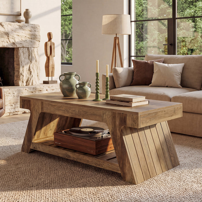 47" Farmhouse Coffee Table with Slatted Storage Shelf