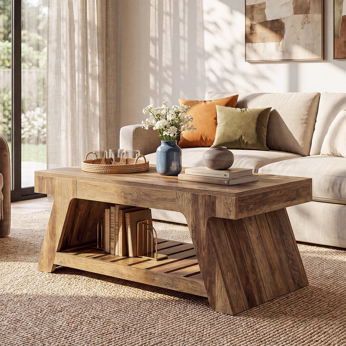 47" Farmhouse Coffee Table with Slatted Storage Shelf
