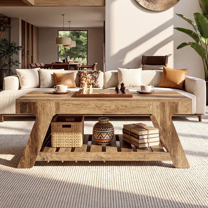 47" Farmhouse Coffee Table with Slatted Storage Shelf