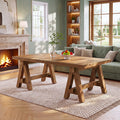 47" Solid Wood Coffee Table, Rectangular Center Table Tea Accent Furniture with Trestle Base