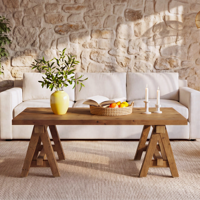 47" Solid Wood Coffee Table, Rectangular Center Table Tea Accent Furniture with Trestle Base