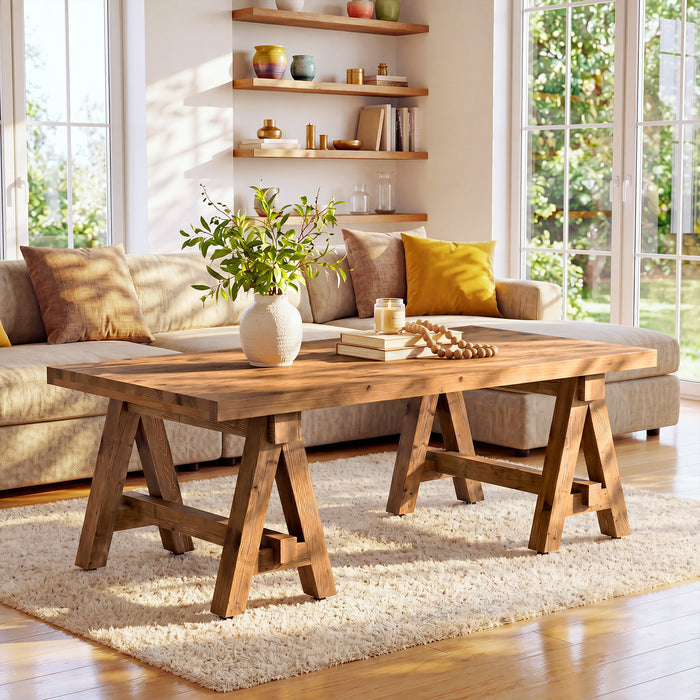 47" Solid Wood Coffee Table, Rectangular Center Table Tea Accent Furniture with Trestle Base