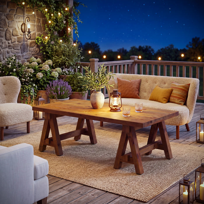 47" Solid Wood Coffee Table, Rectangular Center Table Tea Accent Furniture with Trestle Base