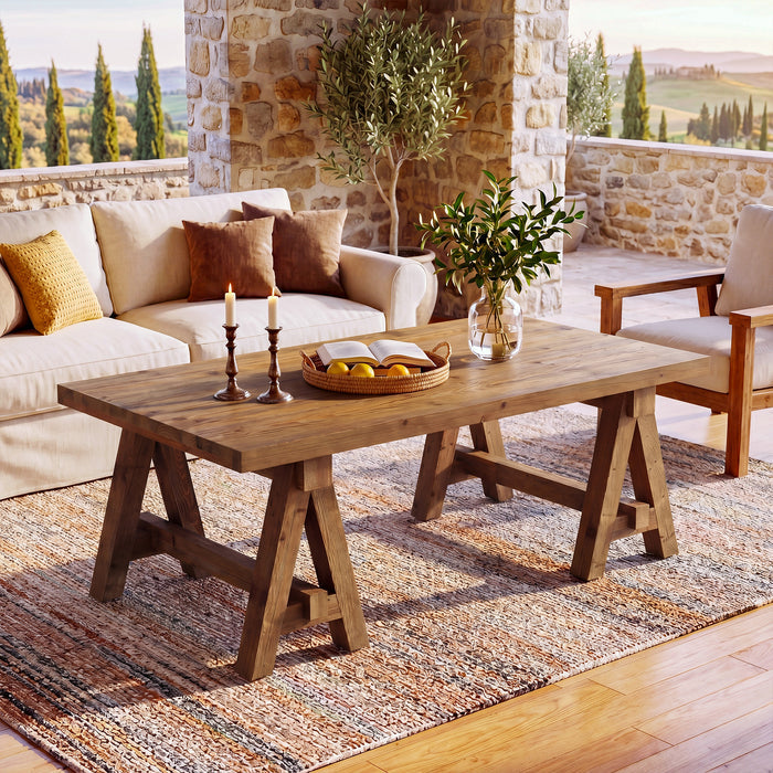 47" Solid Wood Coffee Table, Rectangular Center Table Tea Accent Furniture with Trestle Base