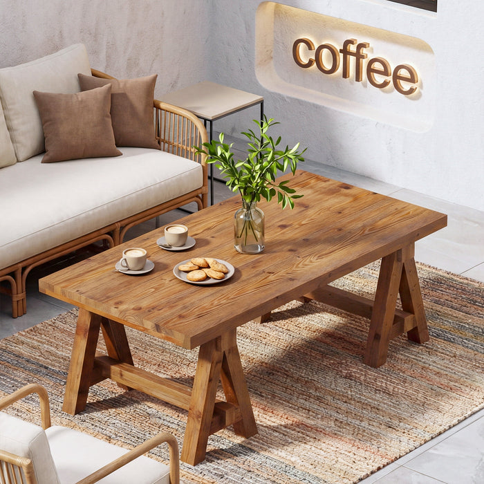 47" Solid Wood Coffee Table, Rectangular Center Table Tea Accent Furniture with Trestle Base