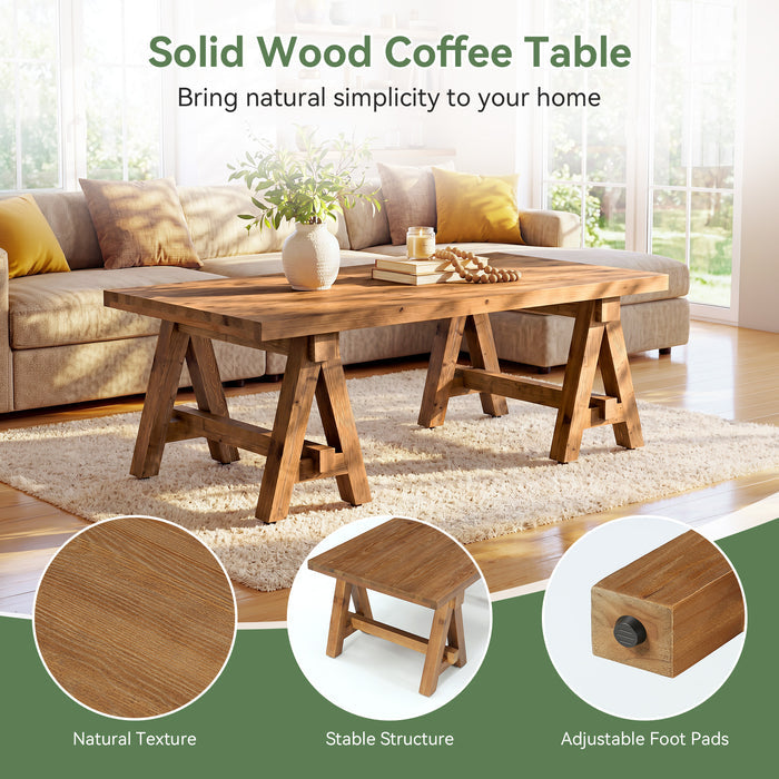 47" Solid Wood Coffee Table, Rectangular Center Table Tea Accent Furniture with Trestle Base