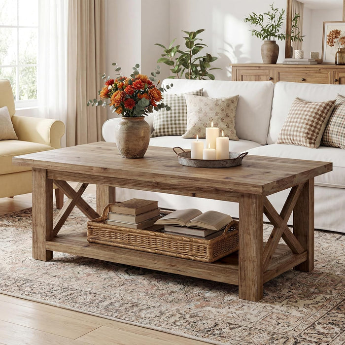 47" Coffee Table, Solid Wood Coffee Table with X-Frame
