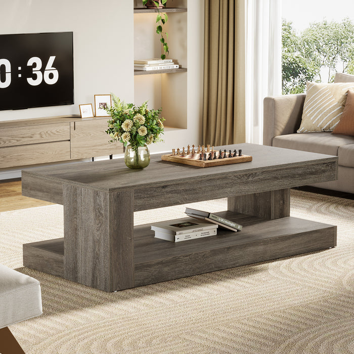 47.24" Coffee Table, Farmhouse 2-Tier Tea Cocktail Table with Storage