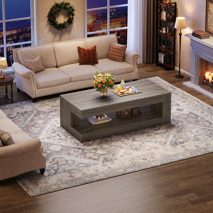 47.24" Coffee Table, Farmhouse 2-Tier Tea Cocktail Table with Storage