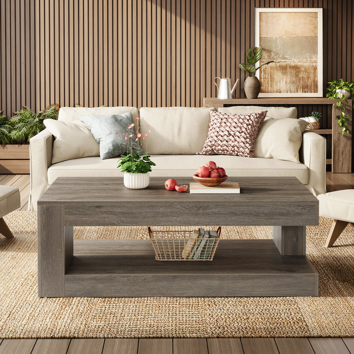 47.24" Coffee Table, Farmhouse 2-Tier Tea Cocktail Table with Storage