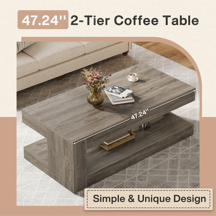 47.24" Coffee Table, Farmhouse 2-Tier Tea Cocktail Table with Storage