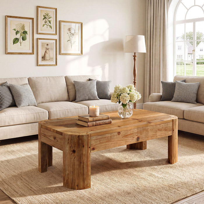 47.24" Solid Wood Coffee Table, Rectangular Center Table with Rounded Corners for Living Room